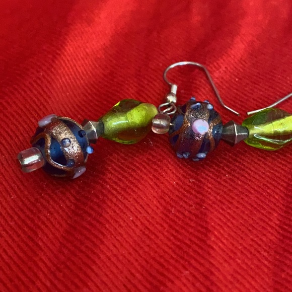 EXQUISITE Beaded Drop Earrings, Gold, Green, Blue, Pink, White, Handmade, L=2” - Picture 7 of 8